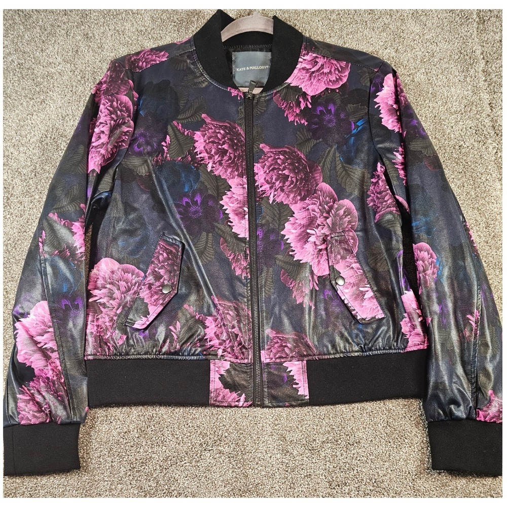 Kate & Mallory Womens Floral Faux Leather Bomber Jacket Pink Purple Size L